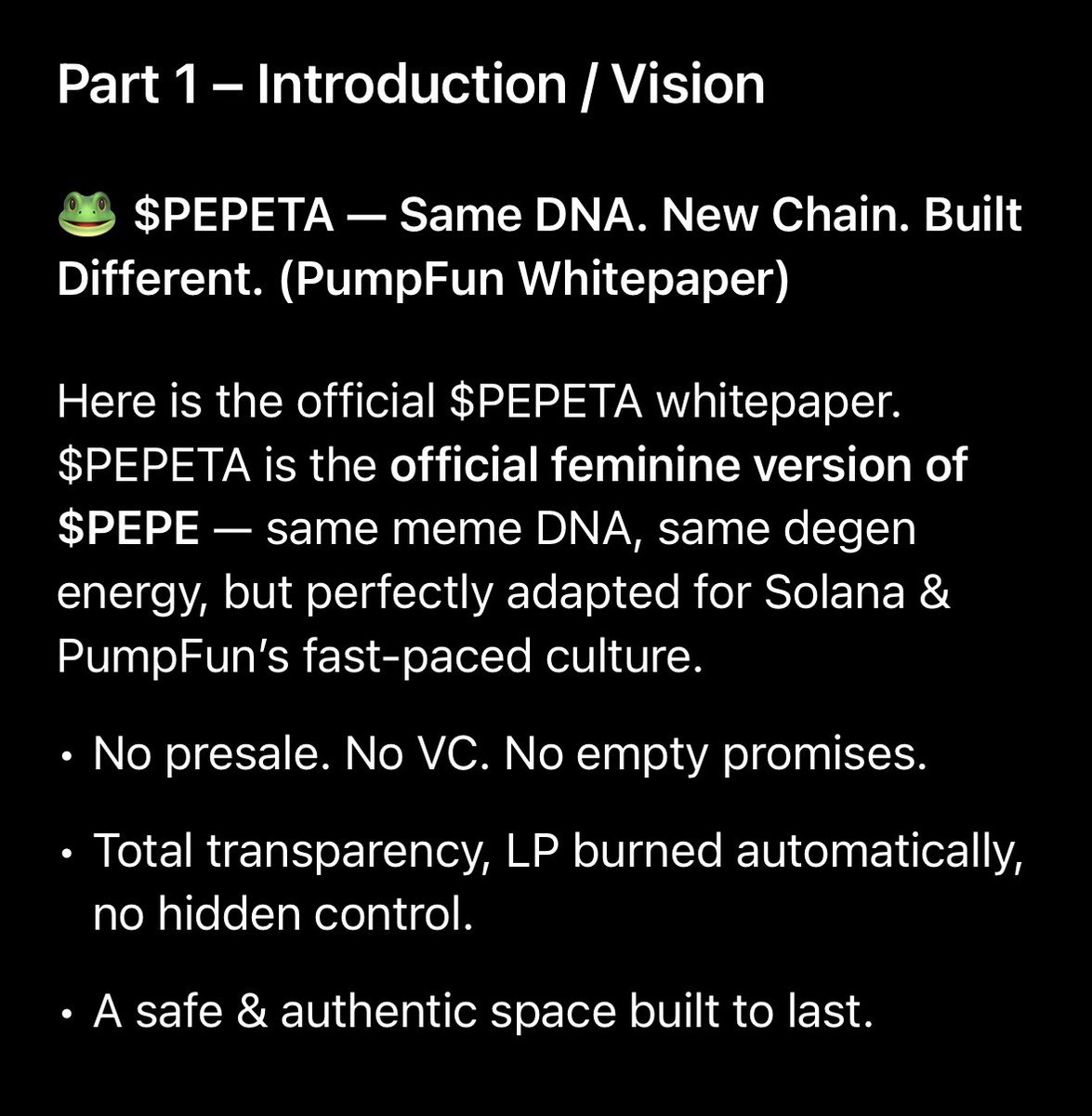 pepeta_sol's tweet photo. $PEPETA Official Whitepaper Relaunch on PumpFun

Here is the official $PEPETA whitepaper.
We first attempted to launch on Raydium, and despite strong organic traction, a technical issue with DEX trackers not updating the burn killed the momentum by displaying billions in market cap.

This was 100% out of our control, but it proved one thing. The hype is real and the community is ready.

That's why $PEPETA is now officially launching on PumpFun, a launchpad that aligns with our vision.