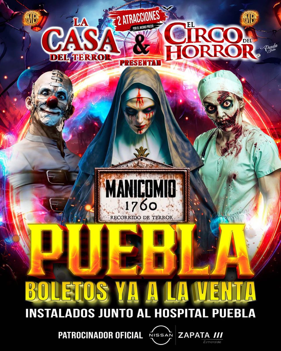 ¡ES HOY, ES HOY!

😈 La Casa del Terror + 🎪 El Circo del Horror 
⚠️ Presentan: MANICOMIO 1760 ⚠️

📅 GRAN PREMIER: Sábado 4 de Octubre
🔥 2 ATRACCIONES por el mismo precio 🔥
Sáb/Dom: 6 y 8:30 pm
