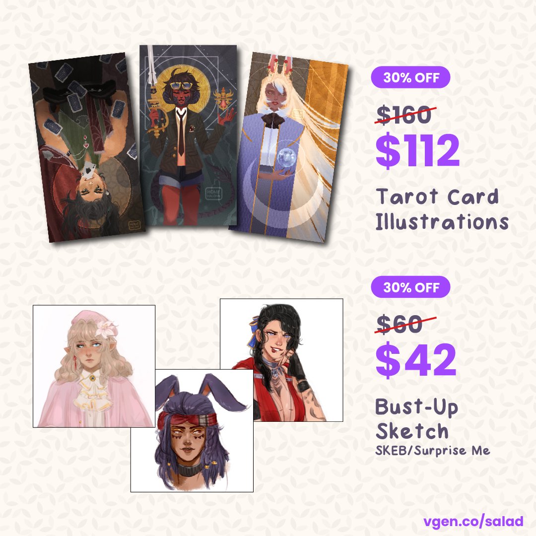 Hello, I opened some slots again and some of my offerings are on sale just for this week✨Boosts appreciated

I'm also open via DM/email/paypal if VGen isn't to your liking.