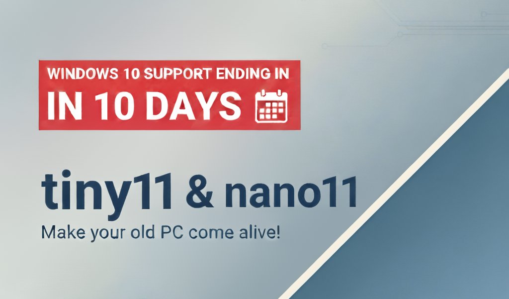 NTDEV_'s tweet image. Since there's only 10 days until the end of Windows 10 support, I'm going to do a daily reminder that you can get a leaner, less cluttered experience with tiny11 while still getting updates!
And for something even lighter, consider trying nano11! 
Make your old PC come alive!