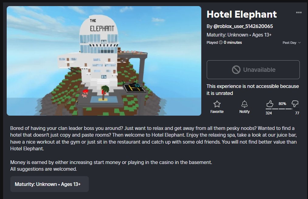 fmccoy63's tweet image. ROBLOX TOOK DOWN THE ORIGINAL HOTEL ELEPHANT???? AND NOW THE COPY OF IT CAN&apos;T BE PLAYED EITHER. THIS IS BOGUS.
