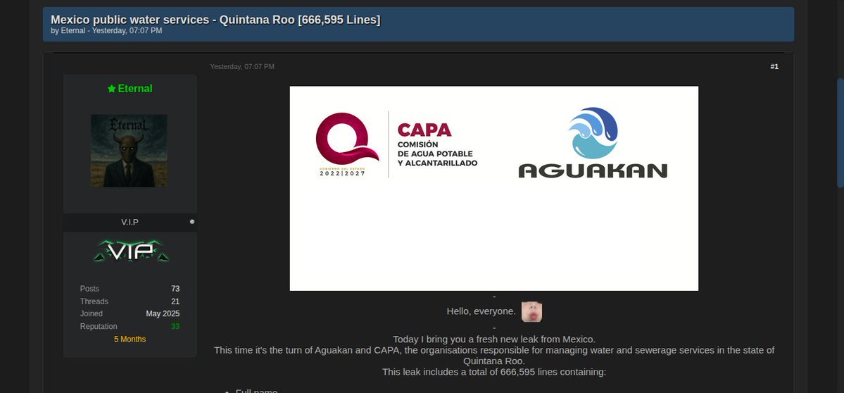 victor_ruiz's tweet image. ⚠️🇲🇽Alerta: Se reporta una filtración de información perteneciente a Aguakan y a la Comisión de Agua Potable y Alcantarillado, entidades responsables de administrar los servicios de agua y alcantarillado en #QuintanaRoo.