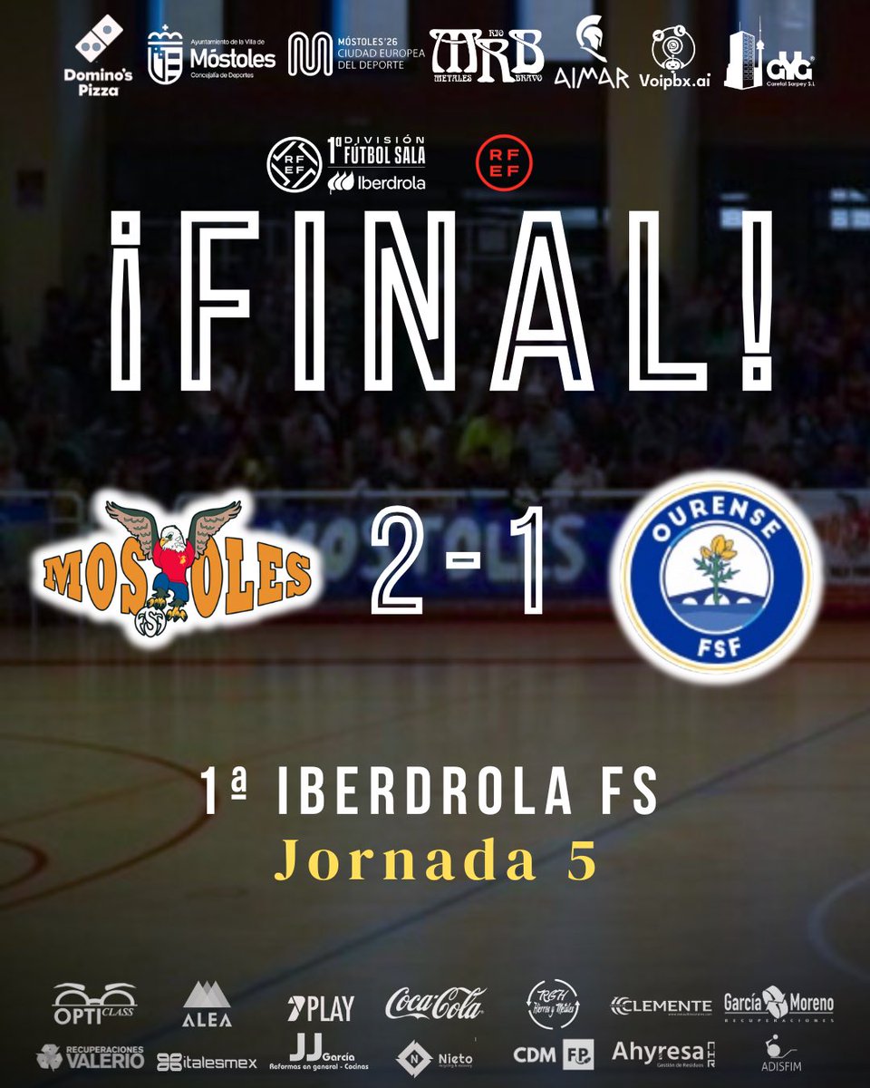 FINAL

Se acabó el partido, victoria en el Pabellón Eva Manguán.

📎 youtube.com/live/7J6YxzFqp…

<a href="/FSFMostoles/">MRB MÓSTOLES FSF</a> 2-1 <a href="/OUontimeFSF/">Ourense Ontime FSF</a> 

#VamosMóstoles 🤍🦅🖤