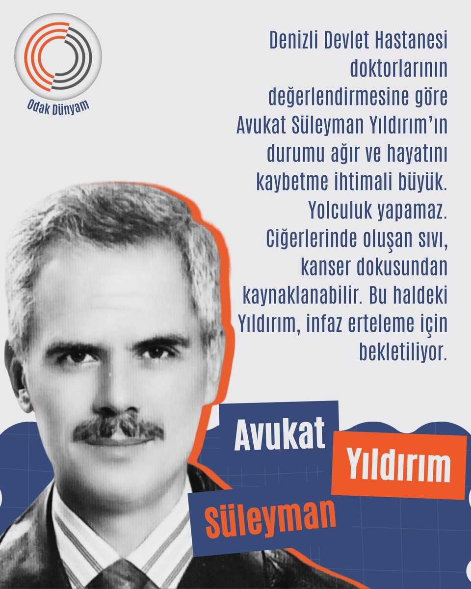 Yusufbatur68's tweet image. Ağır hasta Av. Süleyman Yıldırım yoğun bakımda!
Doktorların “hayatını kaybetme riski var” raporlarına rağmen tahliye edilmedi.
Adalet yaşam hakkını görmezden geliyor.

TutukluAvukat YoğunBakımda