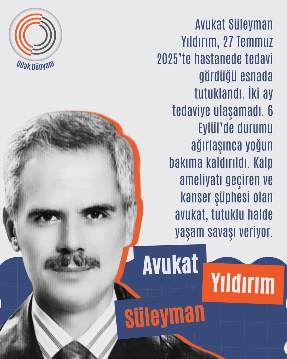 Yusufbatur68's tweet image. Ağır hasta Av. Süleyman Yıldırım yoğun bakımda!
Doktorların “hayatını kaybetme riski var” raporlarına rağmen tahliye edilmedi.
Adalet yaşam hakkını görmezden geliyor.

TutukluAvukat YoğunBakımda