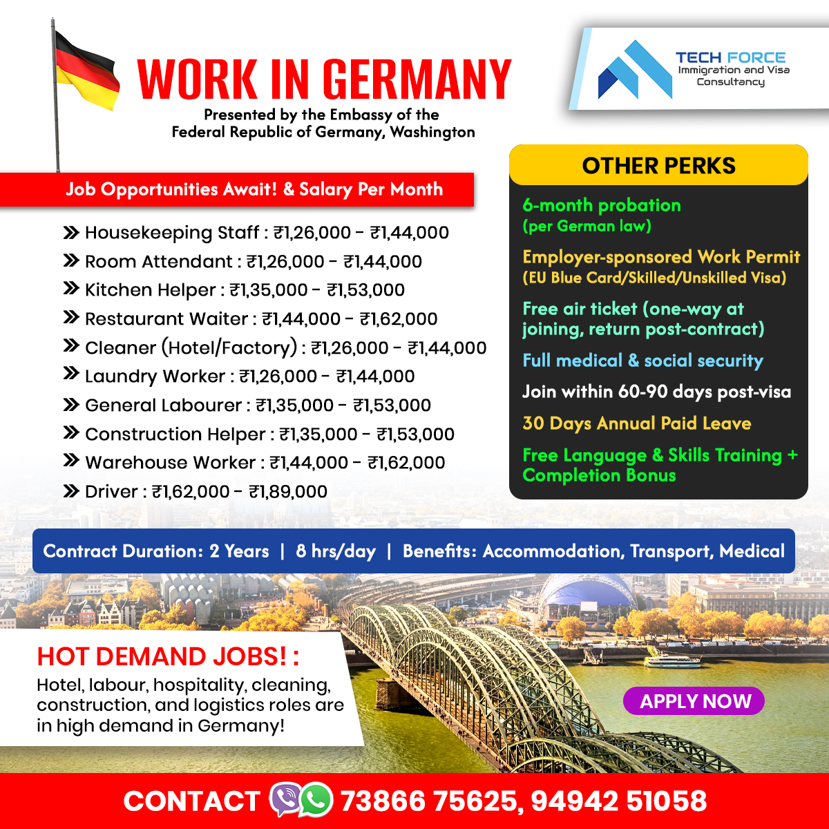 techforcevisa's tweet image. 𝐃𝐫𝐞𝐚𝐦𝐢𝐧𝐠 𝐨𝐟 𝐖𝐨𝐫𝐤𝐢𝐧𝐠 𝐢𝐧 𝐆𝐞𝐫𝐦𝐚𝐧𝐲? 
𝐒𝐚𝐥𝐚𝐫𝐲 𝐑𝐚𝐧𝐠𝐞: ₹𝟏.𝟐𝟔𝐋 – ₹𝟏.𝟖𝟗𝐋 𝐩𝐞𝐫 𝐦𝐨𝐧𝐭𝐡
𝐅𝐫𝐞𝐞 𝐀𝐜𝐜𝐨𝐦𝐦𝐨𝐝𝐚𝐭𝐢𝐨𝐧 | 𝐓𝐫𝐚𝐧𝐬𝐩𝐨𝐫𝐭 | 𝐌𝐞𝐝𝐢𝐜𝐚𝐥 𝐂𝐨𝐯𝐞𝐫𝐚𝐠𝐞
📞 𝟕𝟑𝟖𝟔𝟔𝟕𝟓𝟔𝟐𝟓 | 𝟗𝟒𝟗𝟒𝟐𝟓𝟏𝟎𝟓𝟖

#GermanyJobs