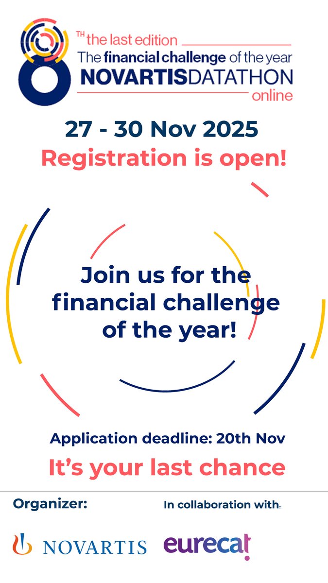 La 8a edició de la Novartis Datathon se celebrarà del 27 al 30 de novembre de 2025.
Podeu trobar tota la informació a godatathon.com
#godatathon