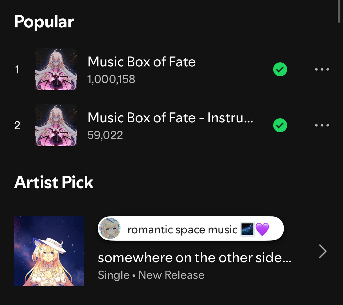 Not only is today the release of my new song… it’s also the day “Music Box of Fate” surpassed 1 million streams!!!

Thank you from the bottom of my heart for loving and listening to this song 💖 I am so proud of what <a href="/WunderRiKU/">WUNDER RiKU ヴンダー陸 | 🎵 Songwriter/Producer</a>, <a href="/ironmouse/">ironmouse🇵🇷😈💖</a> and I have made together 💖