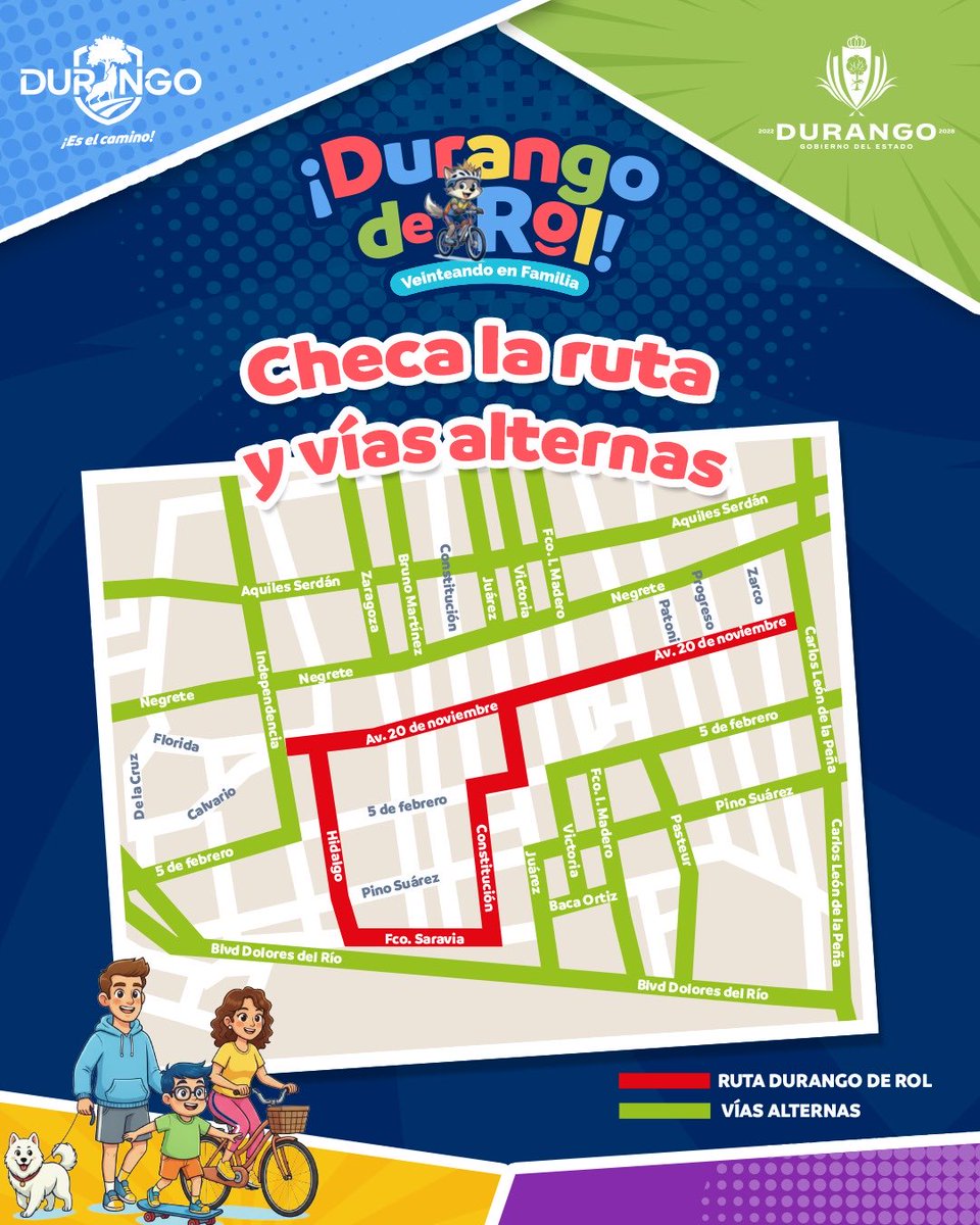 DurangoCap's tweet image. ¡Nos vemos este domingo, familia! 🤩🙌🏻
Recuerden que habrá cierre de calles, les dejamos vías alternas y rutas de camiones para que puedan disfrutar #DurangoDeRol 🚌🛼
#DurangoEsElCamino 🐺
