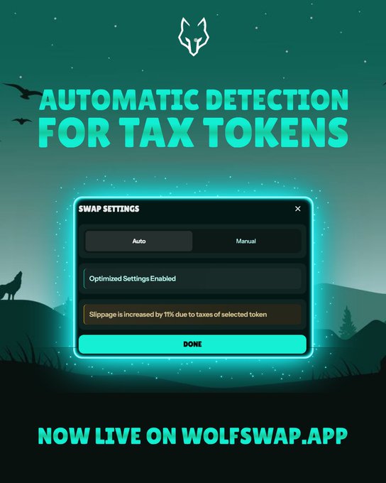 Ever felt lost in setting slippage for tax tokens? Not anymore  WolfSwap now AUTO-DETECTS tax tokens, sets your slippage perfectly, AND gives you a heads-up warning. No more guessing, no more failed swaps, just smooth swap & earn  So, what token are you going to try this on? 👀
