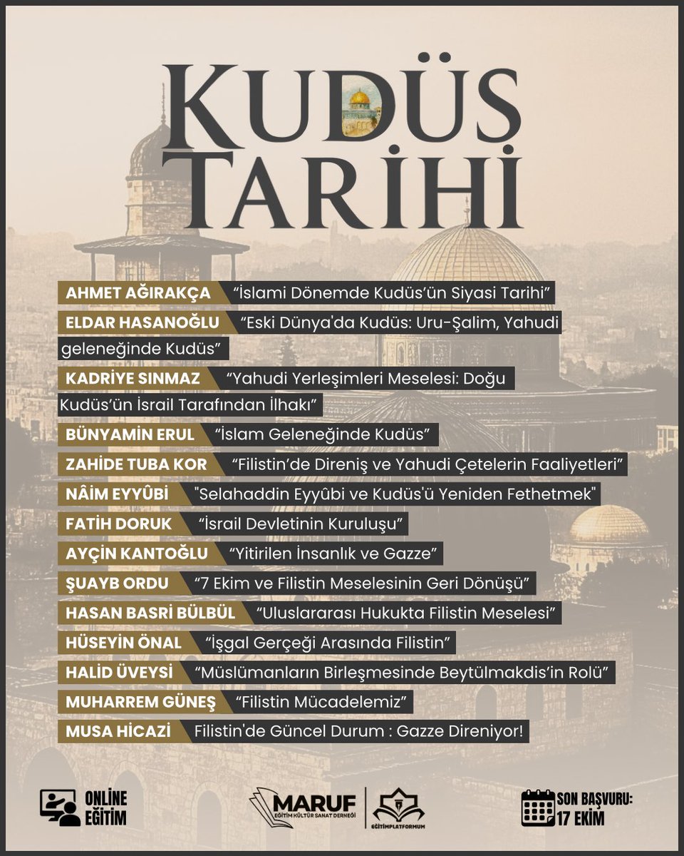 📢 Kudüs Tarihi Programımız Başlıyor!
 Filistin’in geçmişini, bugününü, geleceğini ve Filistin direnişini ele alacağımız online programımıza davetlisiniz.
Başvuru ve detaylı bilgi için 👇🏻
forms.gle/WtdeDRpeZn1Xtf…