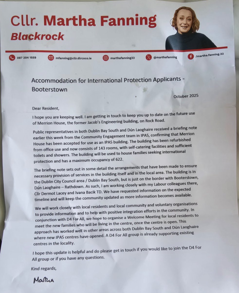 WatchdogTh96012's tweet photo. MERRION HOUSE IN DUBLIN 4 TO BECOME A 143 ROOM, 622 PERSON OCCUPANCY IPAS CENTRE.  
Local councilors have received a briefing from the Community Engagement Team at IPAS as per correspondence received below by one local resident from Labour Cllr. Martha Fanning. #MerrionHouseIPAS https://t.co/zBqlpBEuvB