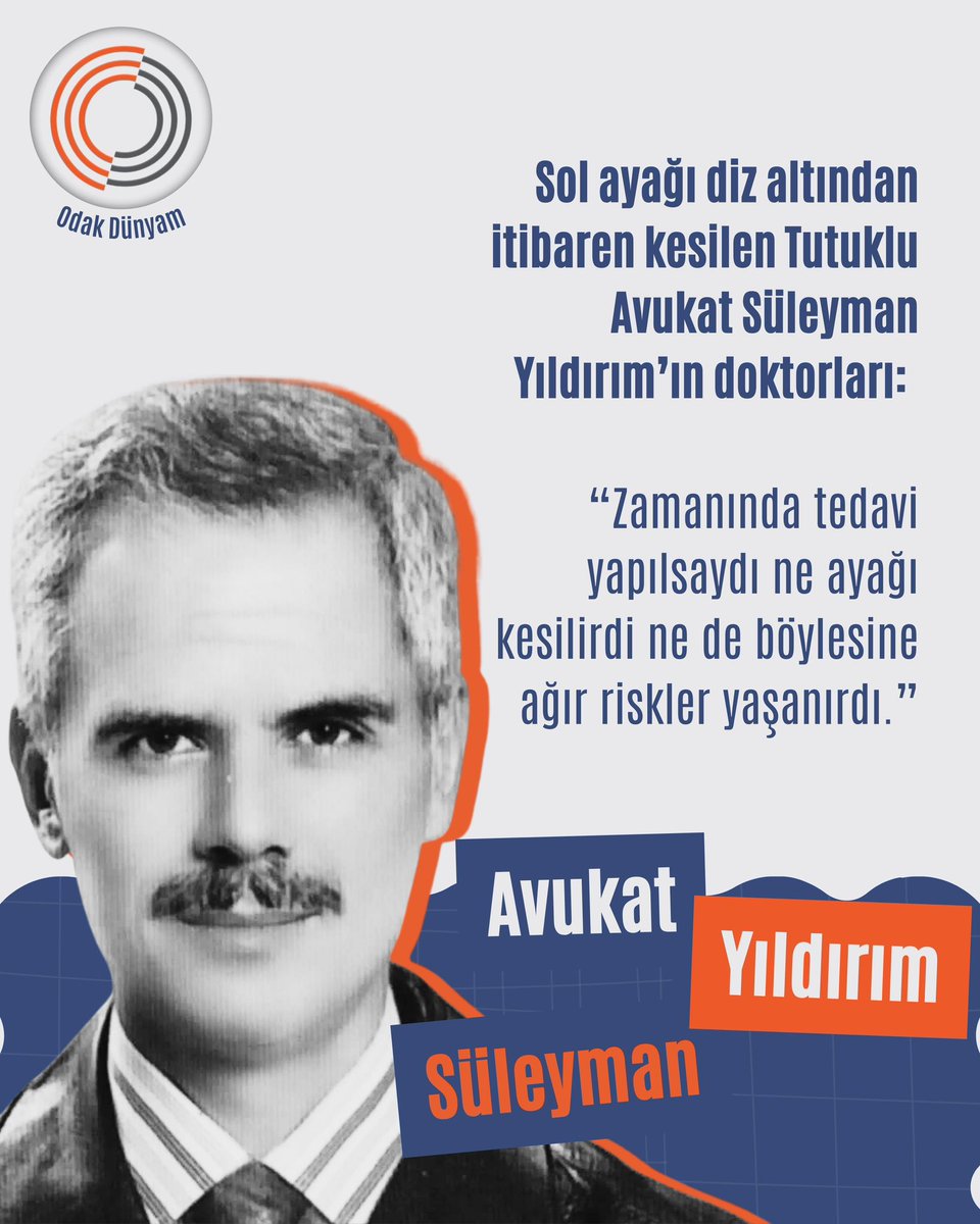 Sol ayağı diz altından itibaren kesilen Tutuklu Avukat Süleyman Yıldırım’ın doktorları: 
⚠️ “Zamanında tedavi yapılsaydı ne ayağı kesilirdi ne de böylesine ağır riskler yaşanırdı.”
Bunjn hesabını kim verecek?
<a href="/adalet_bakanlik/">T.C. Adalet Bakanlığı</a>
<a href="/yilmaztunc/">Yılmaz TUNÇ</a> ❓️❓️

TutukluAvukat YoğunBakımda