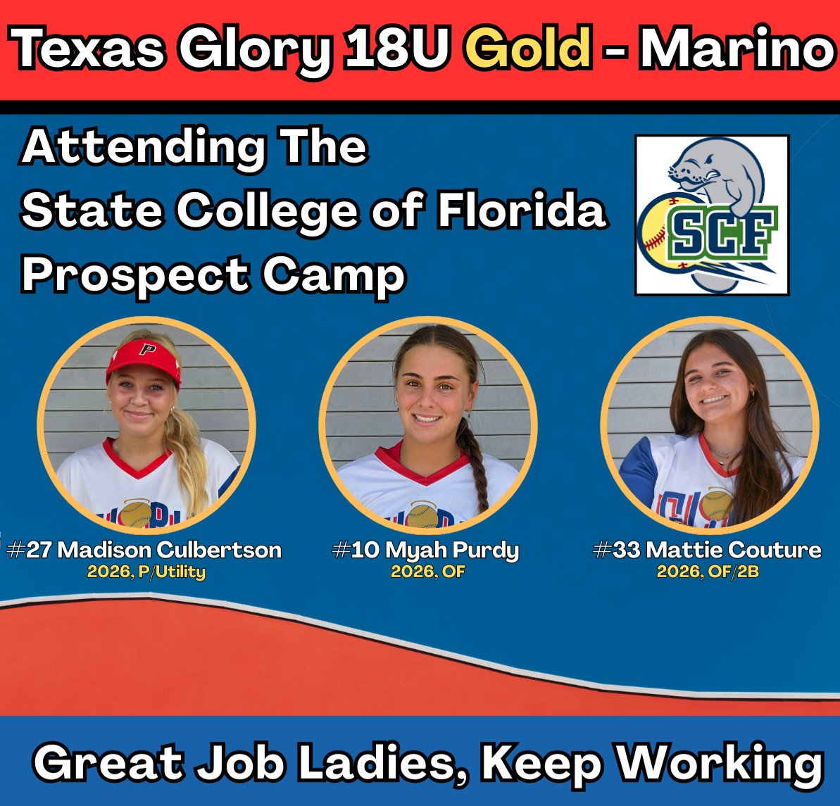 Good luck to our 2026 Glory 18U Gold Studs Madison Culbertson, Myah Purdy, and Mattie Couture as they attend the SCF Prospect Camp this weekend. Let's Go ❤️💙