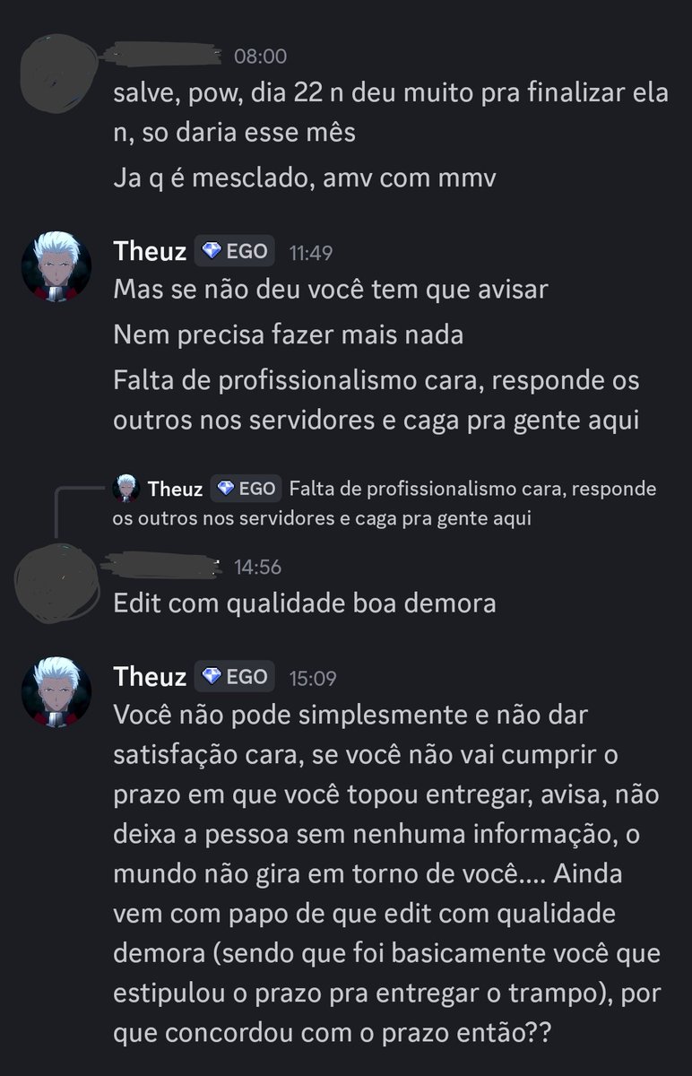 Não vou dar nomes, só expor me indignação mesmo, tá ficando chato já essa falta de profissionalismo de alguns editores, (obviamente a minoria) a pessoa combina o prazo (que ela mesma estipulou), some por duas semanas depois do prazo n responde mensagem+