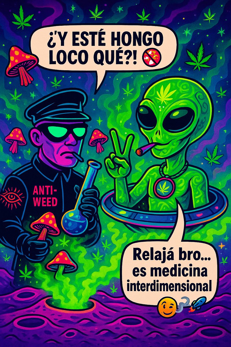 HighOnGalactic's tweet image. 🚨👮‍♂️ “¿Y esta sustancia prohibida?”
👽 “Bro, es mi almuerzo interdimensional 🍄💨”
#GalacticHighTrip
#420Culture