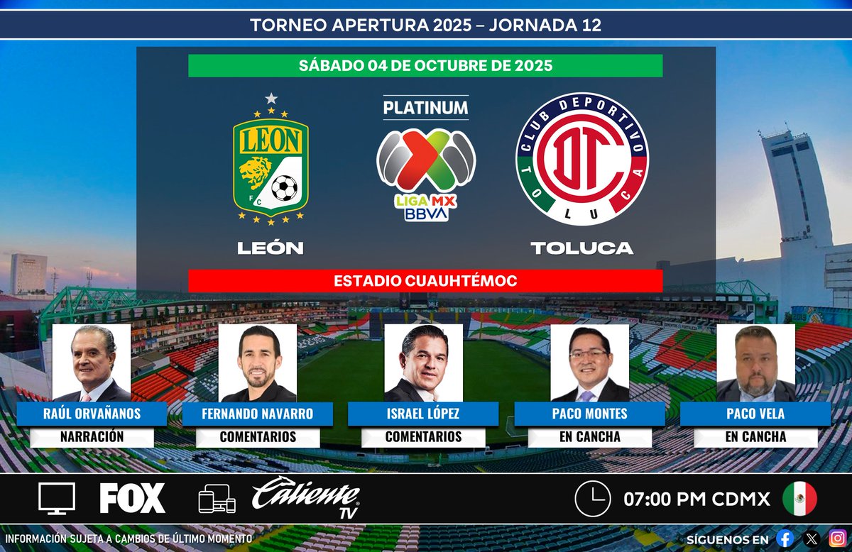 ⚽️ #LigaBBVAMX 🇲🇽 | #León vs. #Toluca 
🇲🇽📺 <a href="/somos_FOX/">FOX</a>
🇲🇽📱💻 #CalienteTV
🎙 <a href="/RaulOrvananos/">Raúl Orvañanos</a> 
🎙 <a href="/5FerNavarro/">Fernando Navarro</a> 
🎙 <a href="/itoshiro5/">Israel Lopez</a> 
🎙📝 <a href="/PacoMontesLA/">Paco Montes</a> 
🎙📝 <a href="/PacoVela14/">Paco Vela</a> 

#Tubi - #LigaMX - #FOX