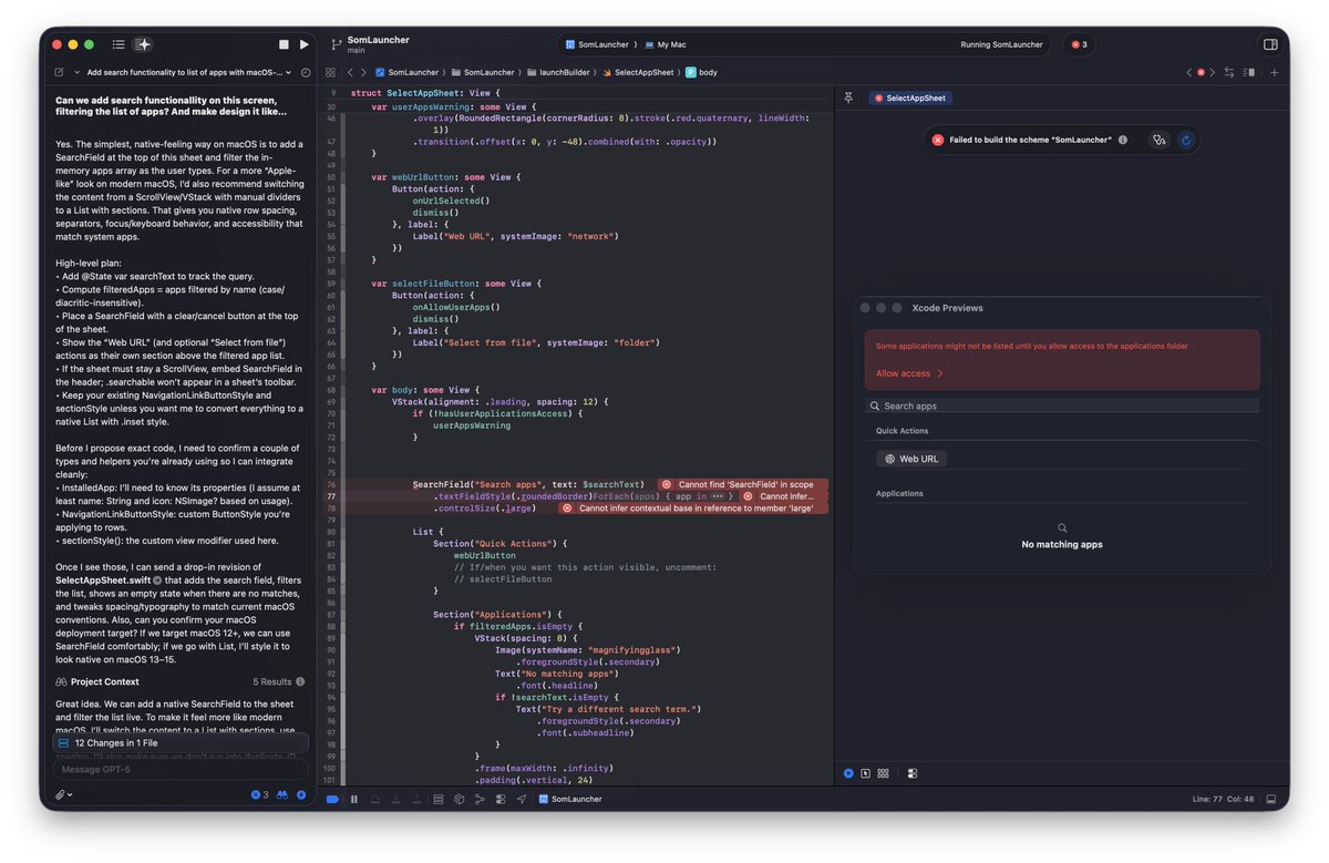ProdCoder's tweet image. A bit late to the party but updated to macos 26 and trying out coding assistant with chatgpt, compile errors straight away 🤕