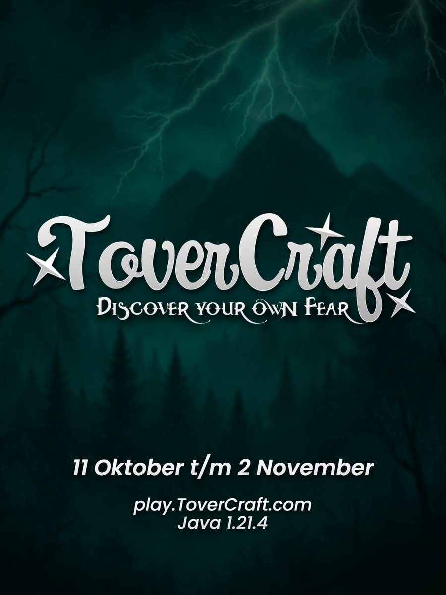 🎃 TOVERCRAFT HALLOWEEN 2025 🎃
Het heeft even geduurd... maar volgende week gaat het eindelijk van start! 👻

🗓️ 11 okt t/m 2 nov
🌙 play.ToverCraft.com (Java 1.21.4)
💀 Discover your own fear

Binnen nu en 2 dagen delen we ALLE info over dit jaar’s vernieuwde Halloween! 😈