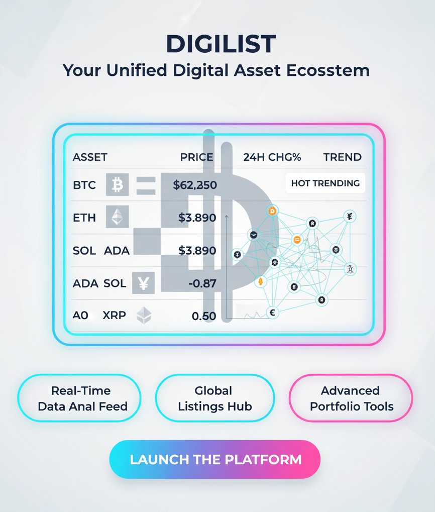 Digilist_online's tweet image. Stop juggling multiple apps. Our unified digital asset ecosystem brings everything you need together. From real-time data feeds to advanced portfolio tools, manage your assets with unparalleled ease and power.

Launch the platform and experience the difference.

#Digilist #Crypto