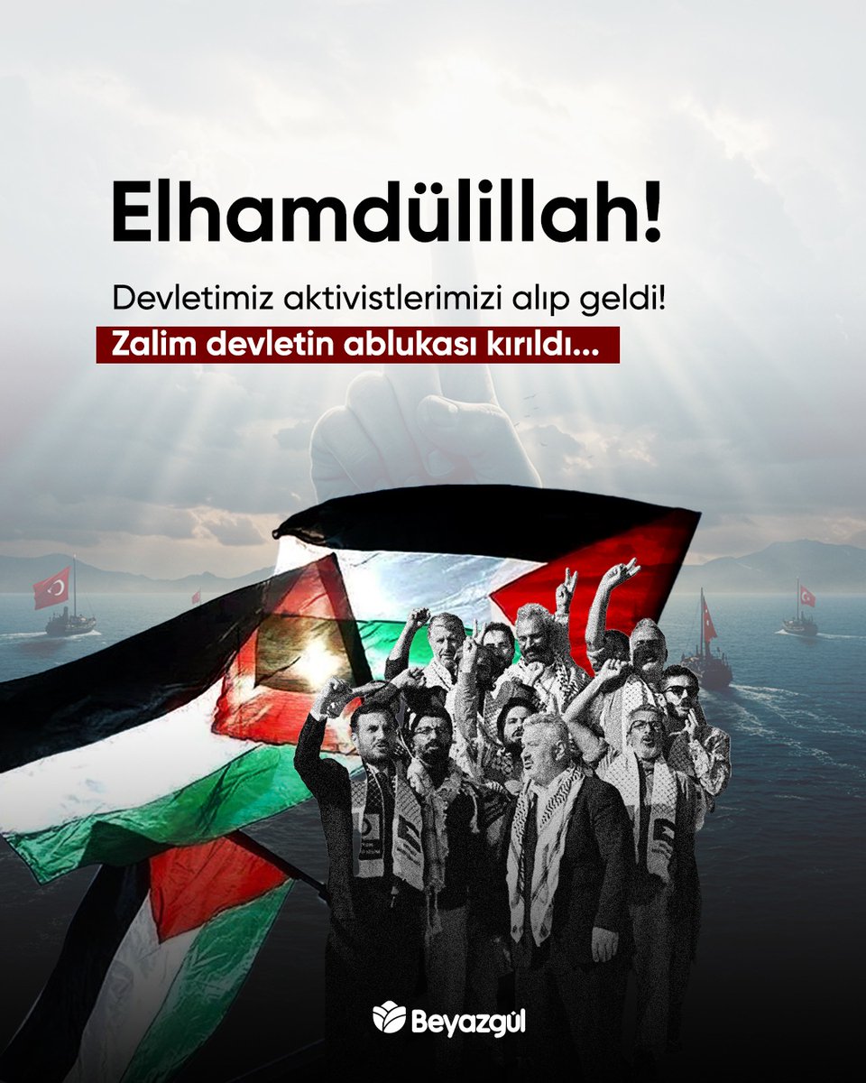 beyazgulder's tweet photo. Elhamdülillah!
Devletimiz aktivistlerimizi alıp geldi! Zalim devletin ablukası kırıldı...
#gaza #gazze #sumud #SumudFilosu #saidercan https://t.co/XKPZScOC5x
