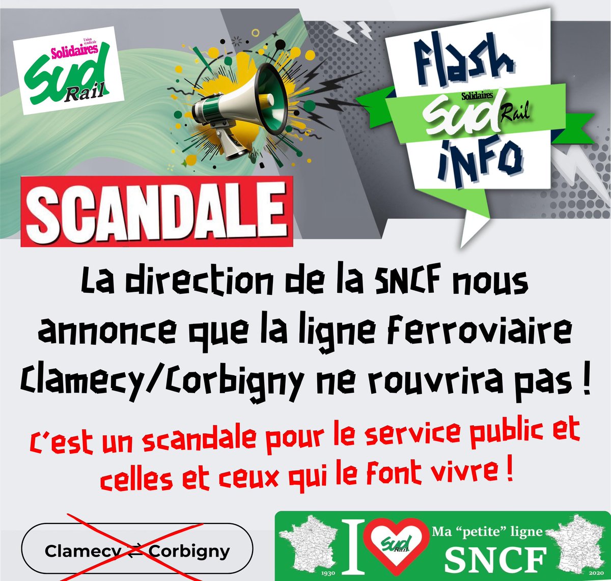 Fede_SUD_Rail's tweet photo. 🛑 Décision #ecocide avec l’annonce de la fermeture de la ligne #ferroviaire #Clamecy/#Corbigby !
🟢 Face à ce scandale, nous n’abandonnerons pas ce combat #ecologique et #sociale ! Encore un exemple de la nécessité de changer de politique des #transports.
#budget @UnionSolidaires