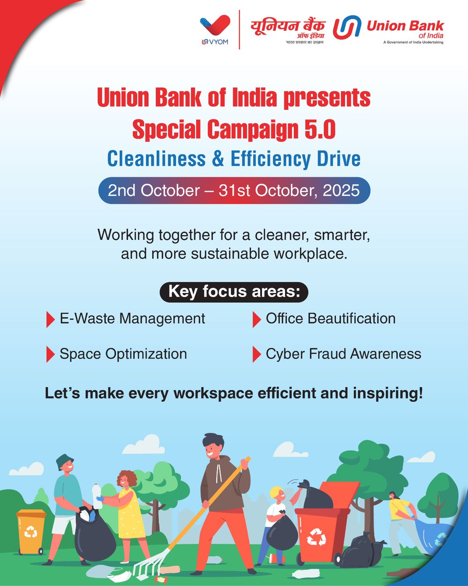 UnionBankTweets's tweet photo. This October, we bring you Special Campaign 5.0: Cleanliness & Efficiency Drive. 
Cleaner spaces, smarter use, greener choices, safer systems. 
Let’s make every workspace efficient and inspiring. 

@DFS_India  @Cyberdost 

#SpecialCampaign5.0
#StayAlertStaySecure #CyberSecurityWithU #UnionBankOfIndia #GoodPeopleToBankWith