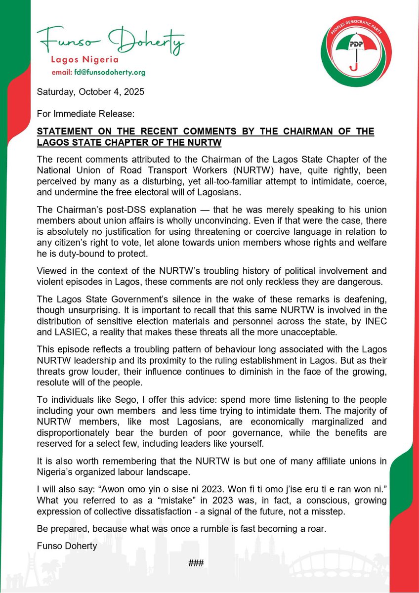 Attached is a statement addressing the widely reported recent comments by the Lagos State NURTW Chairman.