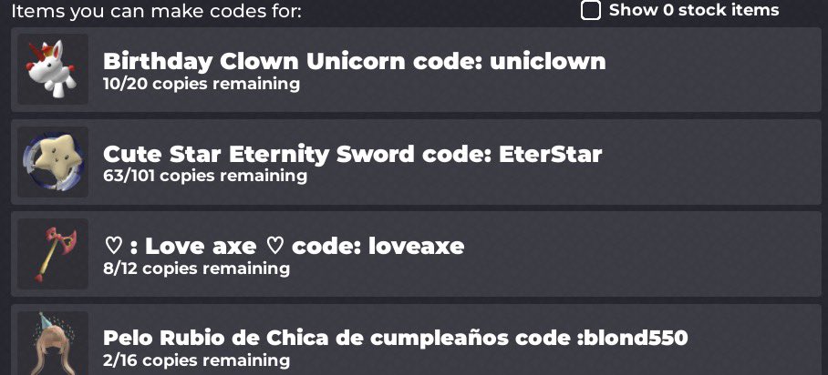 Estaré dando a las primeras 20 personas un código del item que ustedes quieran 
Los únicos requisitos son seguirme en Roblox y decirme la razón por la que les debería dar ese item 💗