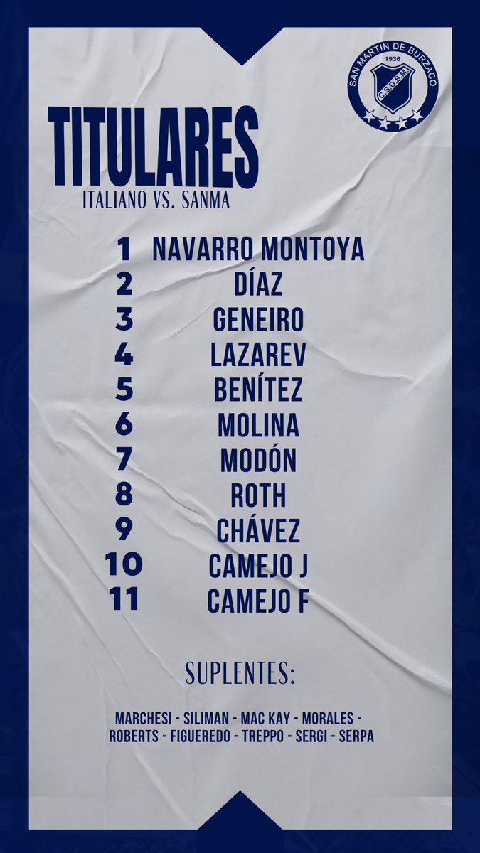 SanMartinBurz's tweet photo. β½οΈ πΌπΓ πππππΌ π½ππππΌπΎπ:
Los 11 de Sanma para enfrentar a Sportivo Italiano βοΈ
#CSDSM https://t.co/bJj61jpvN2