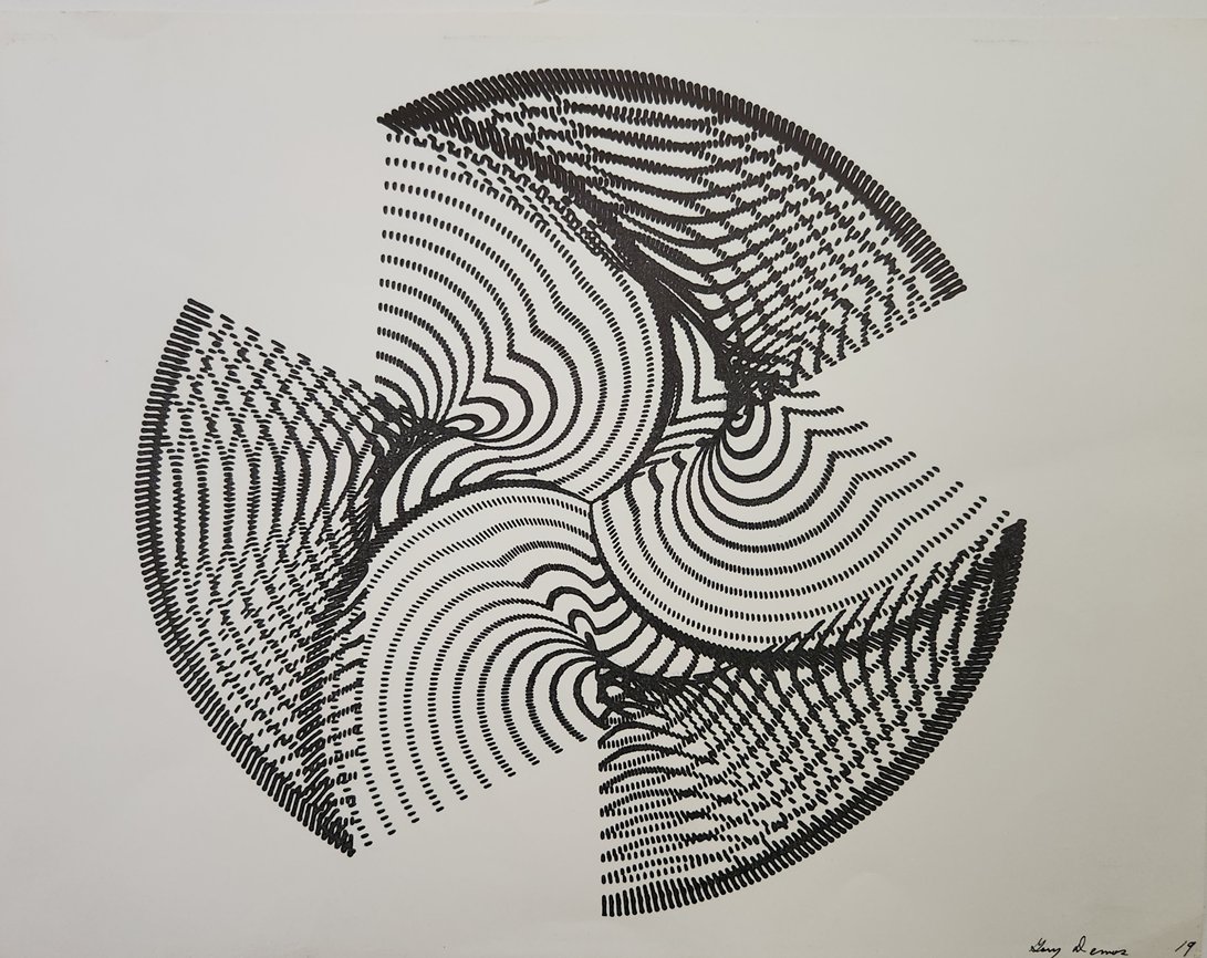 Two early plotter drawings by Gary Demos, 1970.

Gary is an icon in Hollywood computer effects. He was involved in, or the force behind, 2010, The Last Starfighter, the original Tron, and lots more.

Gary made these as a grad student at Cal Tech, inspired by John Whitney Sr. (a