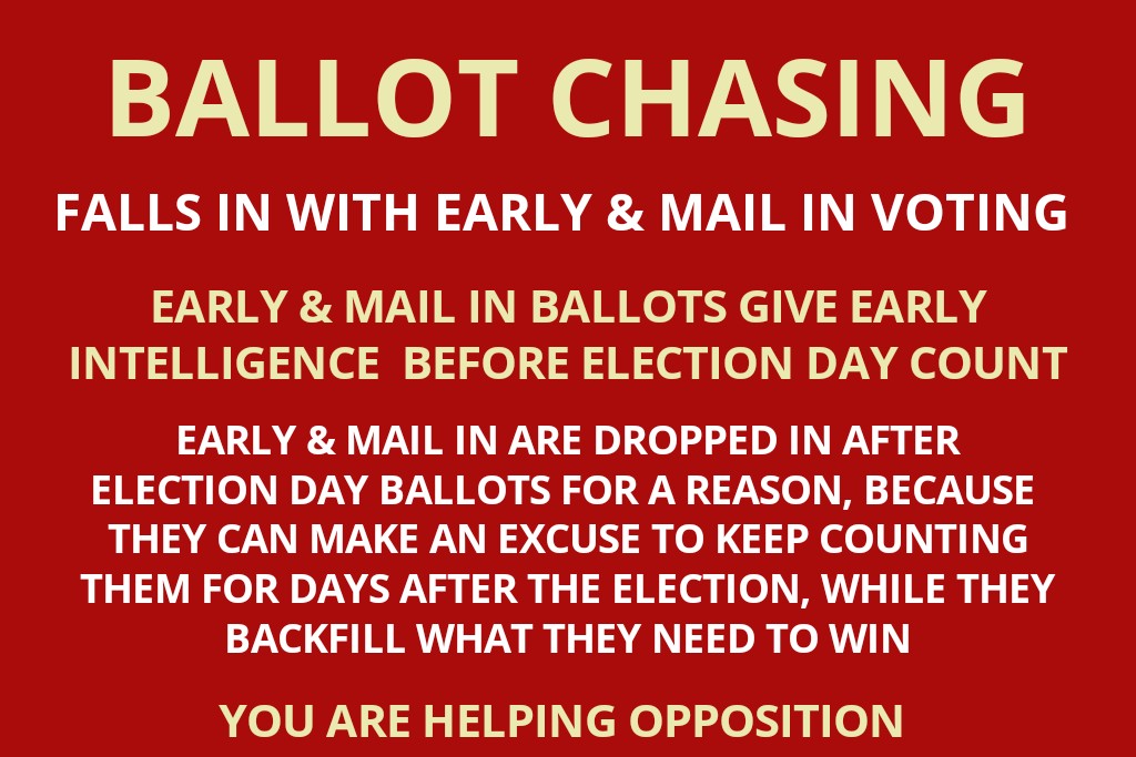 ArtChicken4's tweet image. Whoever decided Ballot Chasing helps us? What information did they use for that determination? 
Because you are actually helping our opposition  win, not helping us.