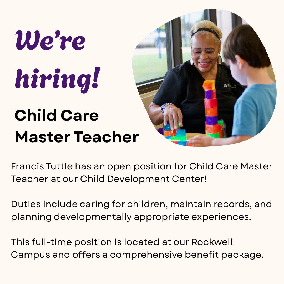 Francis Tuttle (@francistuttle) on Twitter photo Are you passionate about supporting children on their learning journey? Francis Tuttle is hiring! We are looking for a Child Care Master Teacher to join our Child Development Center team. Learn more about the position and apply now - bit.ly/3tIptBR Are you passionate about supporting children on their learning journey? Francis Tuttle is hiring! We are looking for a Child Care Master Teacher to join our Child Development Center team. Learn more about the position and apply now - bit.ly/3tIptBR
