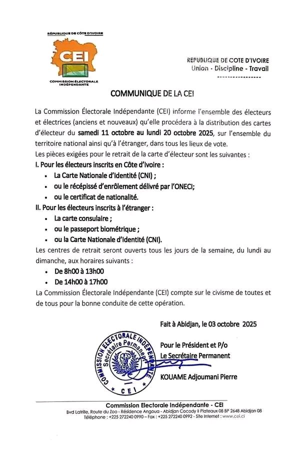 Communiqué de la Commission Électorale Indépendante (CEI) relatif à la distribution des cartes d'électeur.

Tom la souris 🕵️