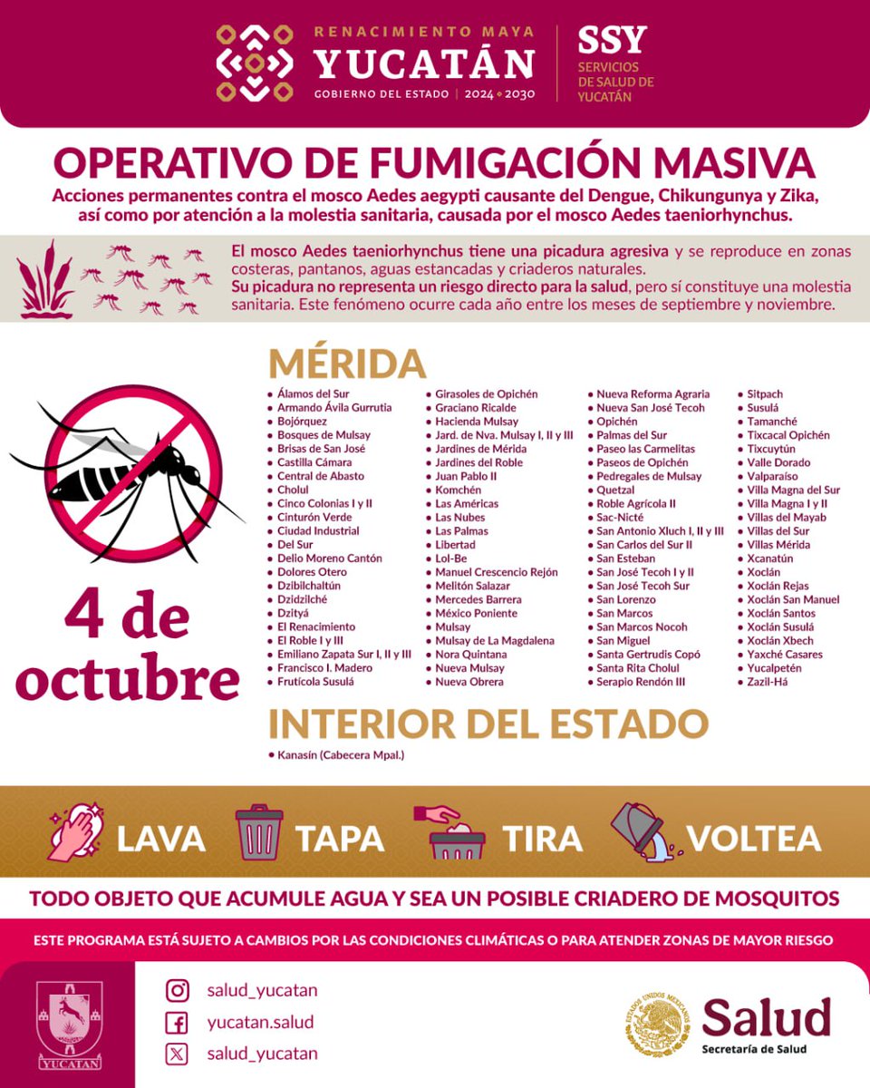 Como parte de las acciones permanentes contra el mosco Aedes aegypti causante del #dengue, #chikungunya y #zika, así como por atención a la molestia sanitaria, causada por el mosco Aedes taeniorhynchus, compartimos el operativo de #fumigación que se realizará el día de hoy.