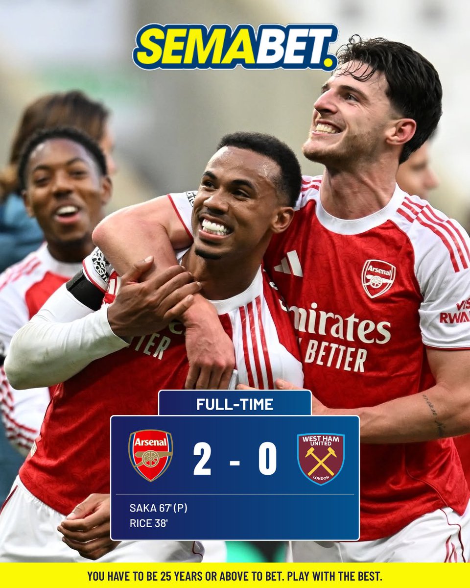 ⚡️ Arsenal 2 - 0 West
Ham ⚡️

The Gunners seal the win with a solid performance! 🤩

📲 More games lined up tomorrow, don't miss out, play on semabet.ug

#arsenal #WestHamUnited