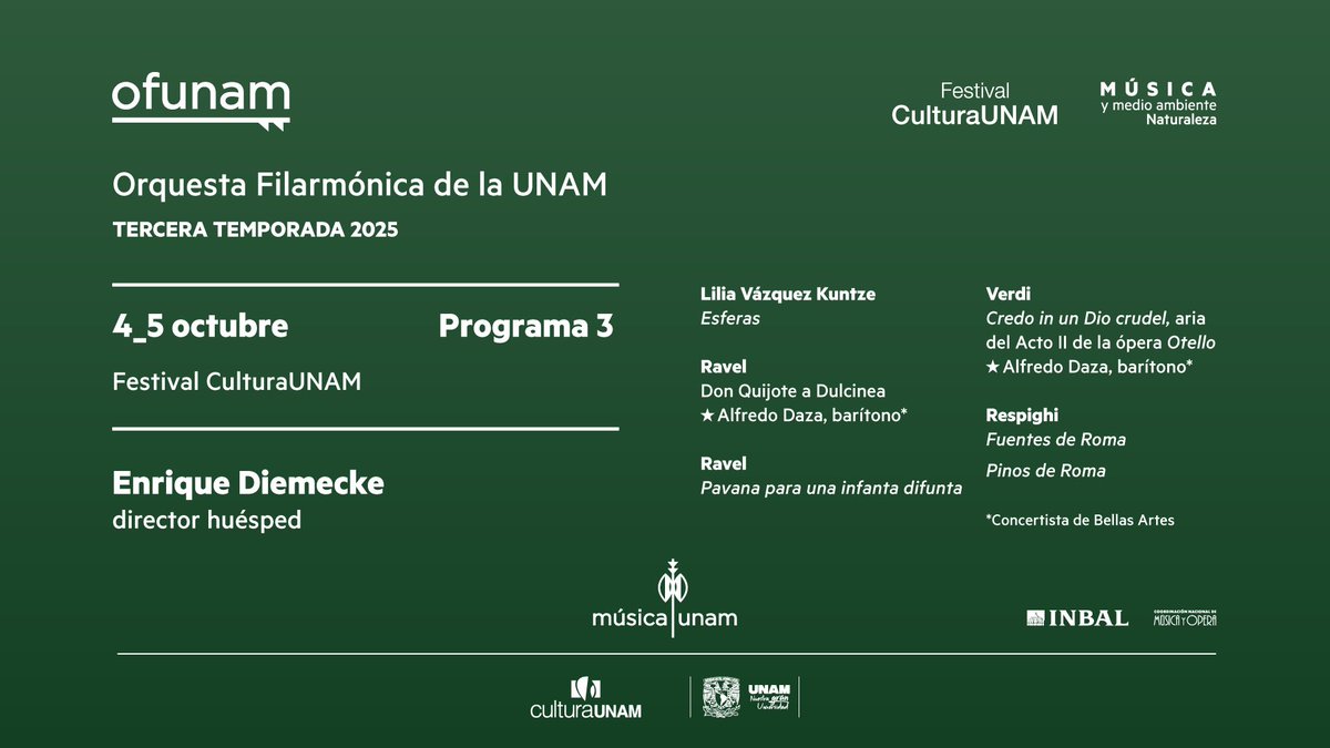 InterescenaMX's tweet photo. Este fin de semana la @OFUNAM recibe a uno de los directores consentidos del público @EDiemecke quien dirigirá un programa especial con música de Ravel, Verdi y Ottorino Respighi. #PasesDobles para el domingo 5 de octubre. RT + Nombre y llegar 11:30 Sala Nezahualcóyotl https://t.co/DlnvrNzFeu