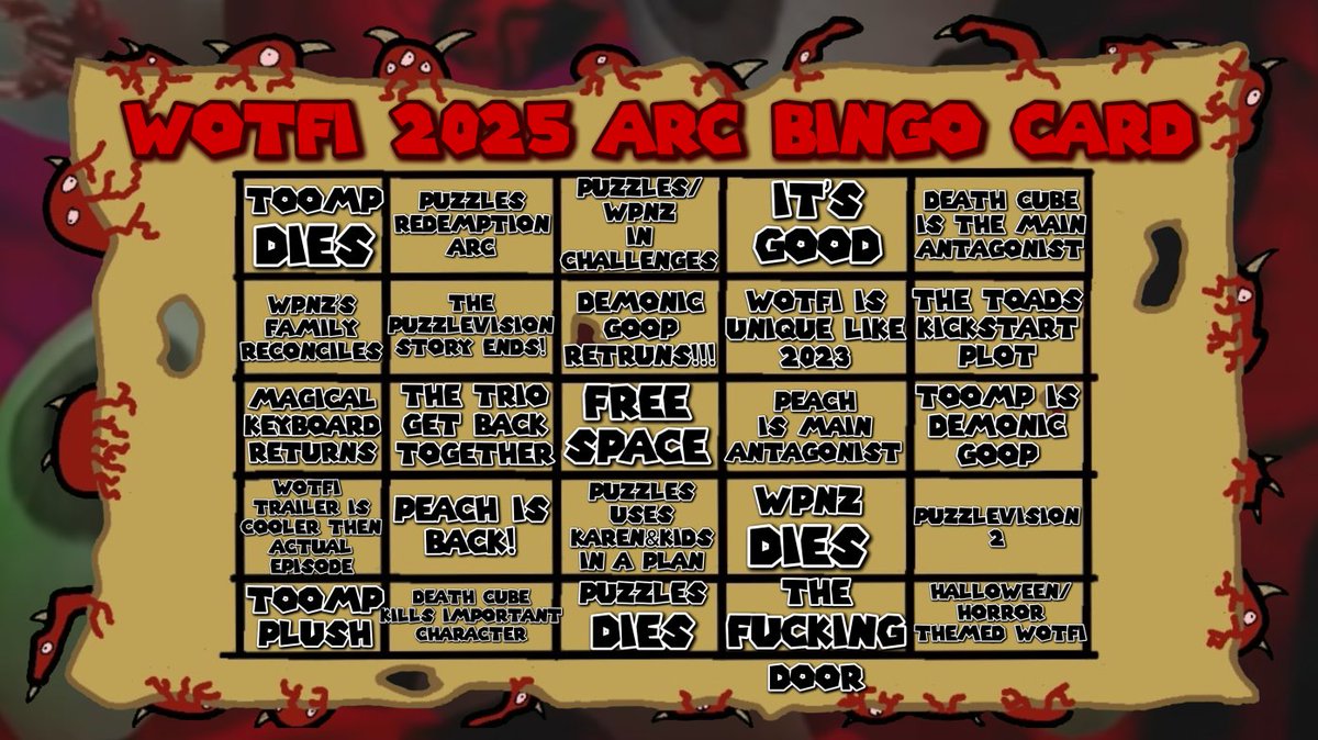 NullNo5's tweet image. SMG4 WOTFI 2025 Arc bingo card (art by TNC)