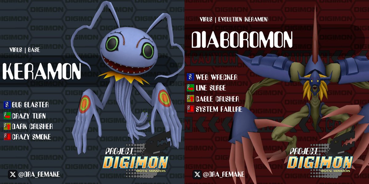 DRA_Remake's tweet image. Keramon is a glass cannon rookie that punishes enemies with hard hitting ranged and lingering area attacks.

Diaboromon is a fast boss character that can sweep many enemies up in every move, draining the meters of every Digimon in the battle!

#Keramon #Diaboromon #projectdigimon