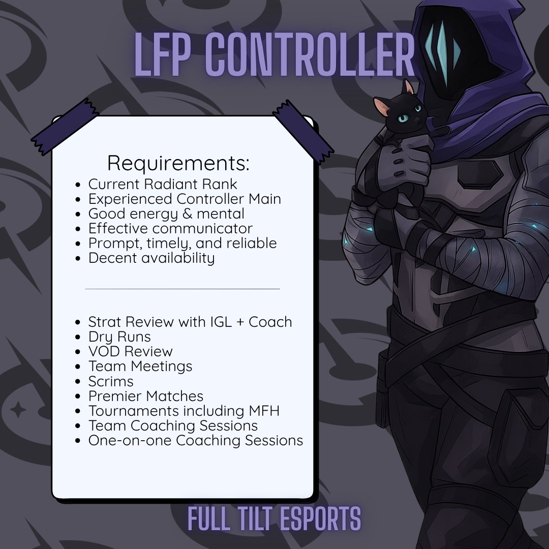 Full Tilt Esports is LFP (Controller)! We have a core of 3. We are also doing an extended trial with an Initiator IGL at this time. See below for requirements and what you can expect. DM us or message Sinner0420. (include the .) on Discord. <a href="/ValorCentral/">Valor Central</a> <a href="/Hitbox_Americas/">HitBox Americas</a>