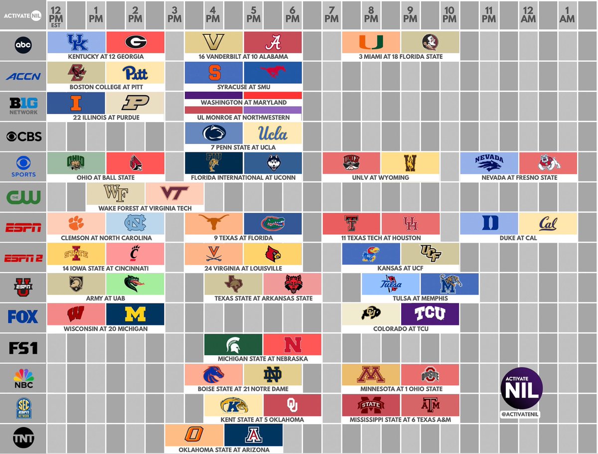 ActivateNIL's tweet photo. Clear your weekend plans. Week 6 is stacked with can’t-miss matchups!
#CollegeFootball #CFB #NCAAF #tvguide #channelguide https://t.co/e4EPCKst7A