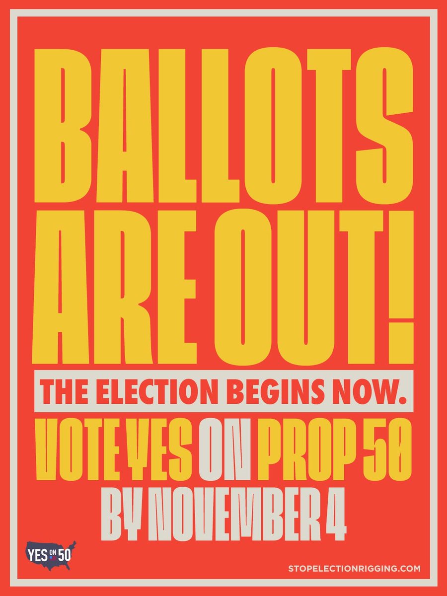 bright8694's tweet image. Trump and Texas started it. Now it’s our time to finish it. California needs to level the playing field! 

Vote YES on Prop 50 today and mail in your ballot before November 4th - no stamp needed! 
Do it today! 

#wtpBLUE
#DemCast