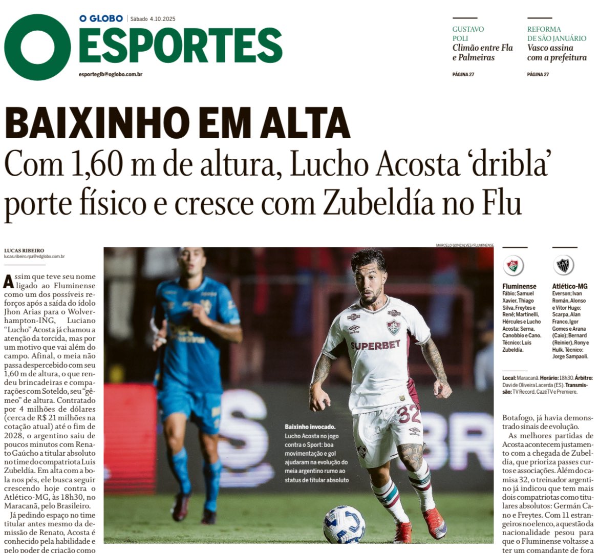 lucasvdsribeiro's tweet image. Baixinho em alta: Lucho Acosta &apos;dribla&apos; porte físico e cresce sob o comando do compatriota Zubeldía no Fluminense

Com 1,60 m de altura, meia argentino se destaca por sua técnica como camisa 10 e alcança status de titular absoluto 

oglobo.globo.com/google/amp/esp…