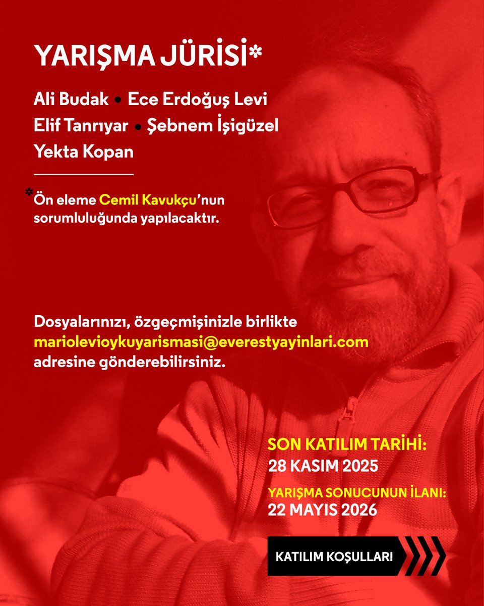 Everest Yayınları Mario Levi’nin anısını yaşatmak için, ailesiyle birlikte bu yıl ilk kez Mario Levi Öykü Yarışması’nı düzenliyor. Yarışmaya son katılım tarihi 28 Kasım 2025. <a href="/EverestKitap/">Everest Yayınları</a>
tinyurl.com/yuuy7x27