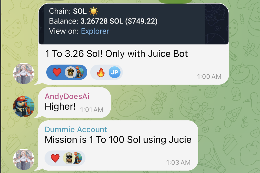 bro turned 1 SOL into 3.26 and said “f*** it, we goin for 100”
that’s not delusion, that’s leadership
juicebot users built different 🫡