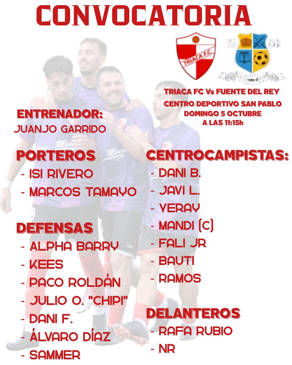 TriacaFC's tweet image. CONVOCATORIA
Jornada 2. Triaca F.C vs U.D Fuente del Rey. Domingo 5 de octubre de 2025 a las 11:15 horas
Estos son los 18 vikingos que dejarán su alma mañana.
¡Afición, vente a animar a tu equipos! ¡Os necesitamos!
#orgullotriaquista