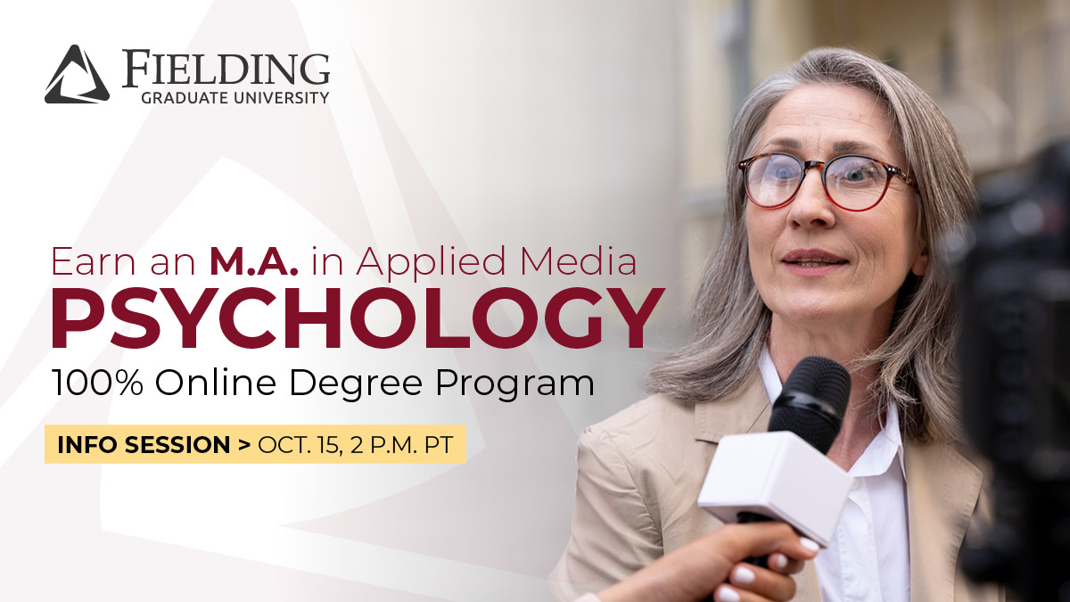 FieldingGradU's tweet photo. Earn a Master’s in Applied Media Psychology. 100% online degree program from a leader in psychology graduate education. Sign up for Oct. 15 Info Session: https://t.co/zHwjIwe4LT https://t.co/rvw28ZrTBr