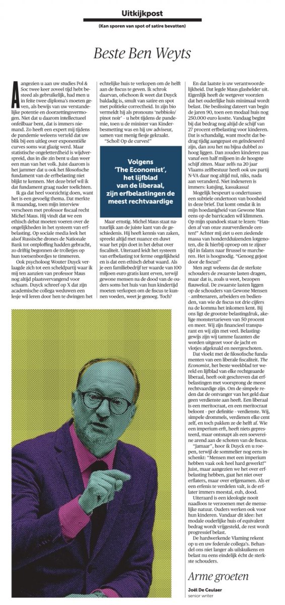 ⁦<a href="/jdceulaer/">Joël De Ceulaer</a>⁩ in ⁦<a href="/demorgen/">De Morgen</a> verliest⁩ 1 essentieel psychologisch mechanisme uit het oog in brief ⁦<a href="/BenWeyts/">Ben Weyts</a>⁩ : als ouders niet voor hun kinderen kunnen werken zonder fiscale erfafstraffing, zullen ze minder werken/ondernemen en zal er globaal minder welvaart zijn