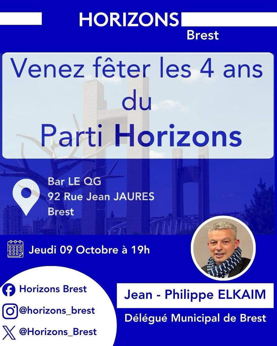 🥳 Horizons fête ses 4 ans à Brest ! 🎂✨
Venez partager un moment chaleureux et convivial avec toute l’équipe Horizons Brest autour d’un apéro dînatoire🥂
Au programme : convivialité, échanges sur l’avenir de notre territoire 🌍 et célébration de 4 années d’engagement commun 💙