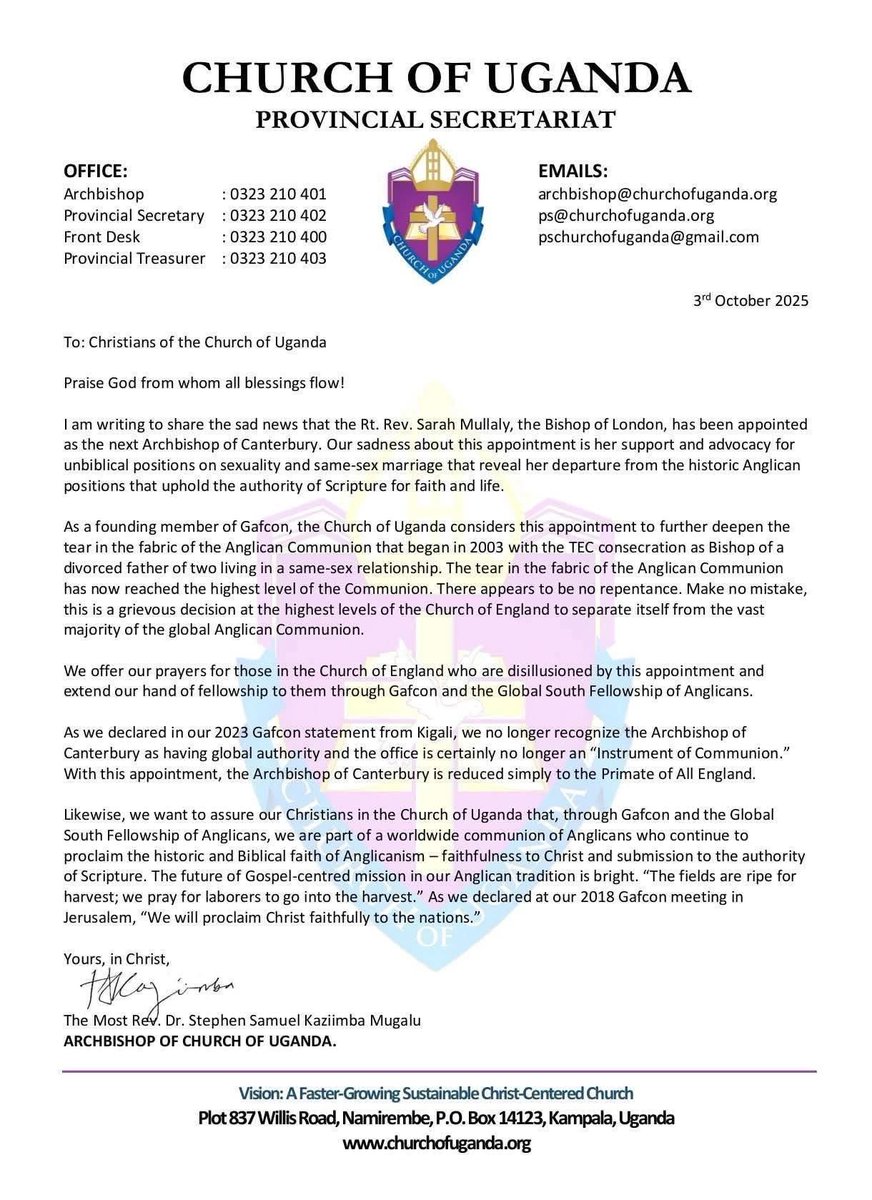 kasujja's tweet image. Church of Uganda calls the appointment of Sarah Millaly as Archbishop of Canterbury “Sad news”..because of her position on same sex relationships..

Archbishop of Canterbury no longer recognised as having authority/leadership over the entire Anglican Church…